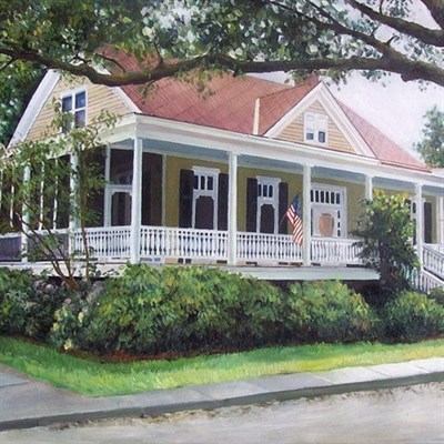 Hand Painted Oil Painting of A Building with Front Porch and White Poles,by myDaVinci - myDaVinci